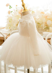 Lovely White Stand Collar Bow Tulle Kids Long Dresses Puff Sleeve