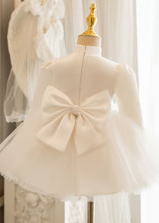 Lovely White Stand Collar Bow Tulle Kids Long Dresses Puff Sleeve