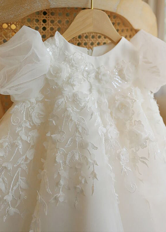 Lovely White Stand Collar Floral Tulle Kids Vacation Maxi Dresses Puff Sleeve