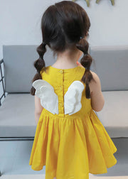 Lovely Yellow Floral Patchwork Cotton Girls Mid Dresses Sleeveless