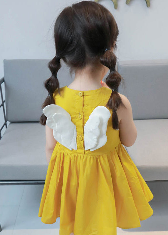 Lovely Yellow Floral Patchwork Cotton Girls Mid Dresses Sleeveless