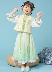 Lovely Yellow Green Stand Collar Embroidered Kids Top And Maxi Skirts Two Piece Set Fall