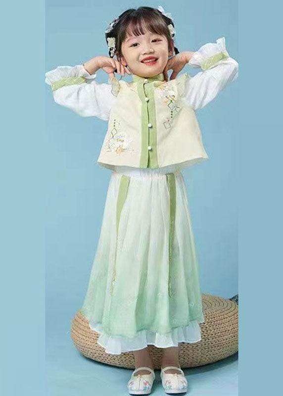 Lovely Yellow Green Stand Collar Embroidered Kids Top And Maxi Skirts Two Piece Set Fall