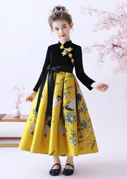 Lovely Yellow Patchwork Tie Waist Button Kids Maxi Dresses Spring