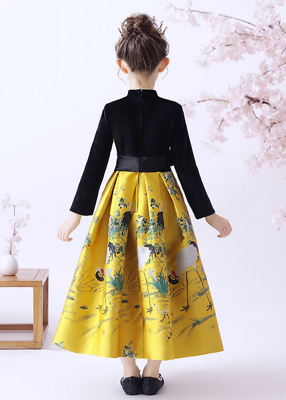 Lovely Yellow Patchwork Tie Waist Button Kids Maxi Dresses Spring