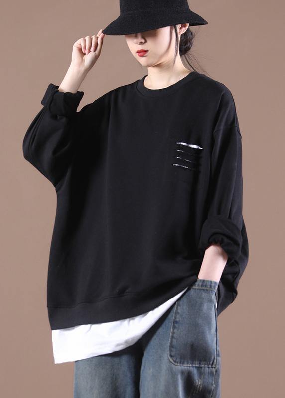 Luxury Black Patchwork Pullover Streetwear Tops