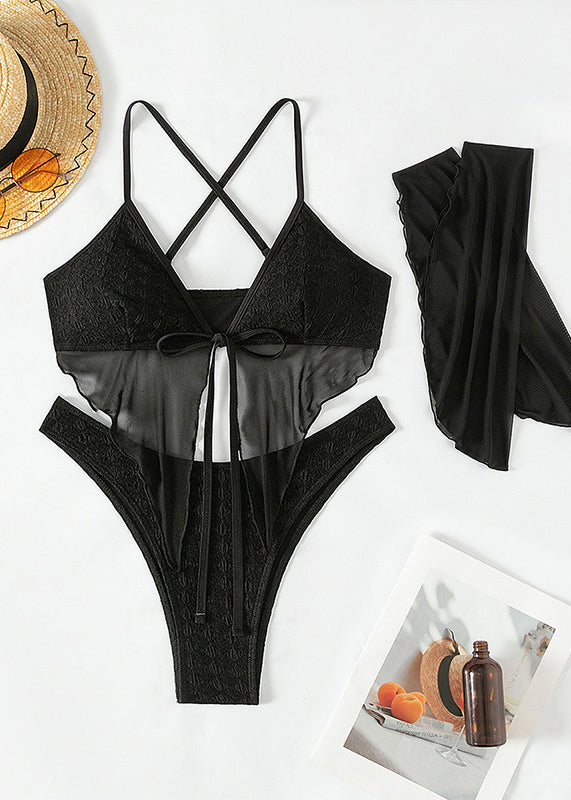 Luxury Black Sexy Lace Up Ruffled Beach Swimwear Set