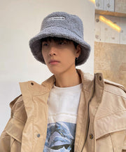 Male Japanese Style Black Warm Faux Fur Bucket Hat Winter