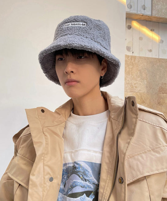 Male Japanese Style Black Warm Faux Fur Bucket Hat Winter