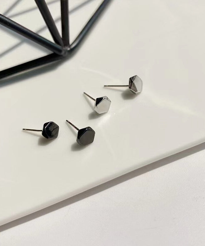 Man Black Sterling Silver Polygon Stud Earrings