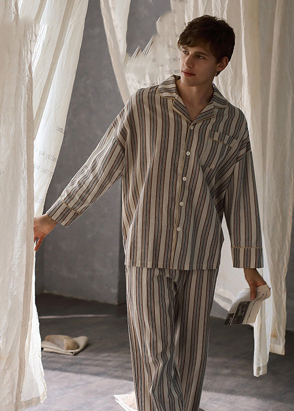 Man Peter Pan Collar Striped Button Cotton Pajamas Two Pieces Set Long Sleeve