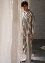 Man Peter Pan Collar Striped Button Cotton Pajamas Two Pieces Set Long Sleeve