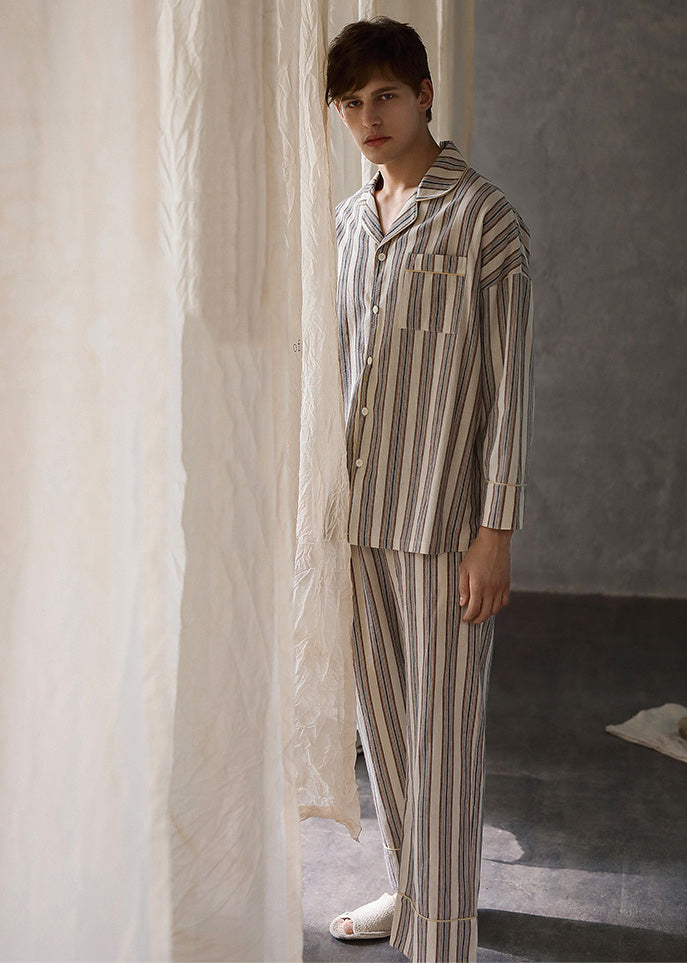 Man Peter Pan Collar Striped Button Cotton Pajamas Two Pieces Set Long Sleeve