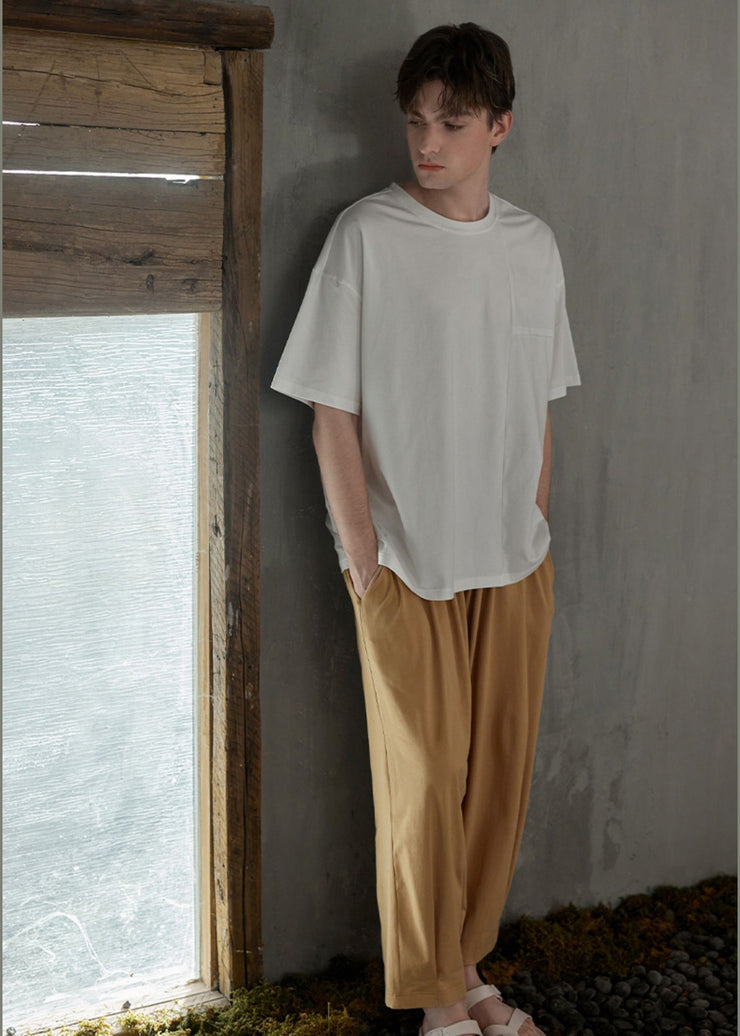 Man White O-Neck Cotton Pajamas Two Piece Set Summer