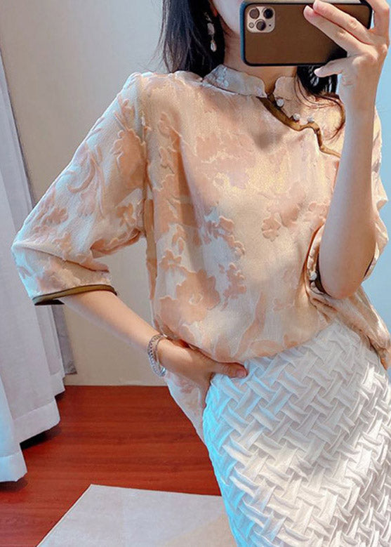 Mandarin Collar Light Pink Stand Collar Zircon Button Silk Tops Half Sleeve