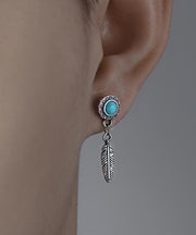 Men Blue Sterling Silver Turquoise Feather Stud Earrings