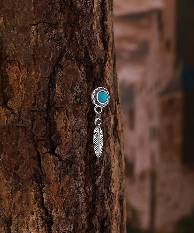 Men Blue Sterling Silver Turquoise Feather Stud Earrings