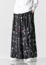 Men's Chinese Style Beige Ancient Text Printed Loose Wide Leg Pants