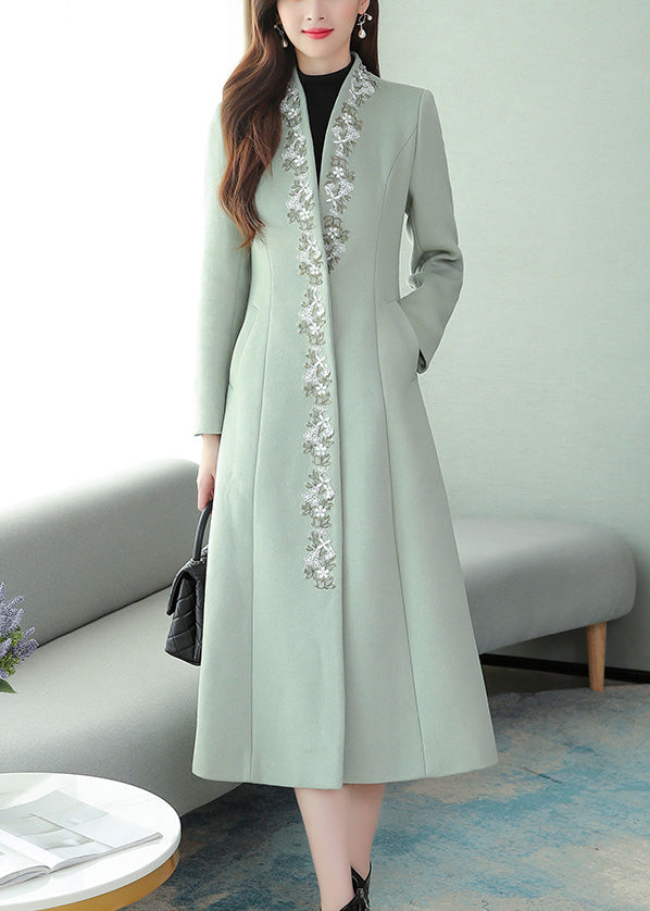 Mint Green Embroideried Floral Woolen Maxi Trench Coat Long Sleeve