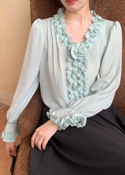 Mint Green Solid Chiffon Blouses V Neck Spring