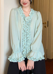 Mint Green Solid Chiffon Blouses V Neck Spring