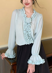 Mint Green Solid Chiffon Blouses V Neck Spring