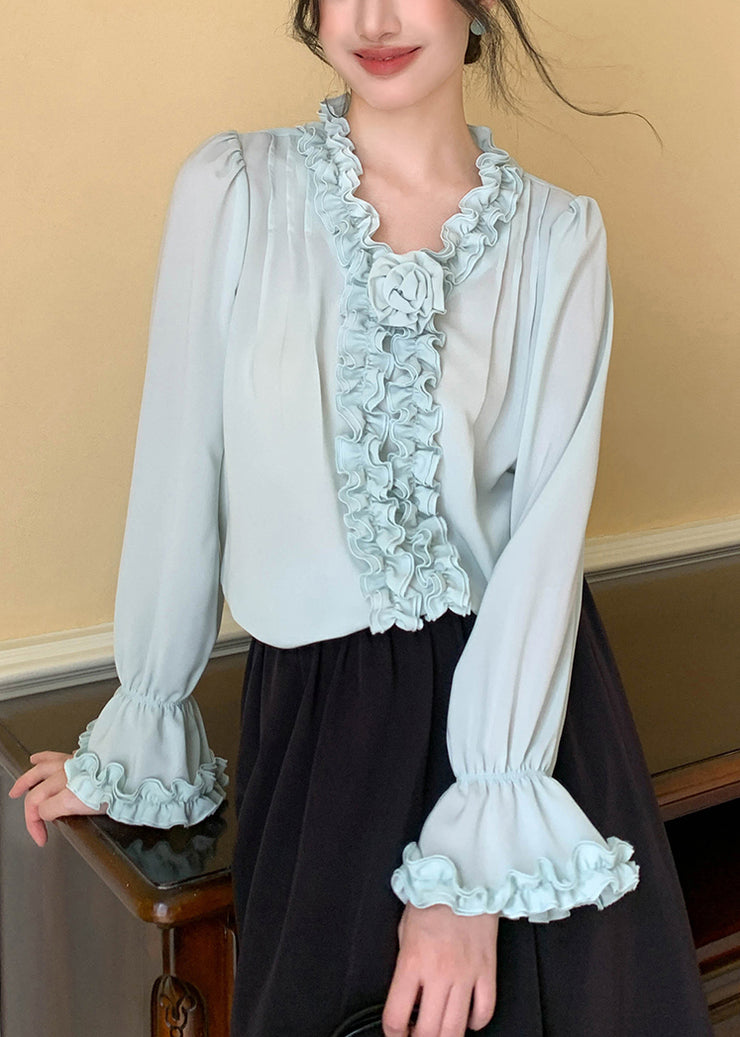 Mint Green Solid Chiffon Blouses V Neck Spring