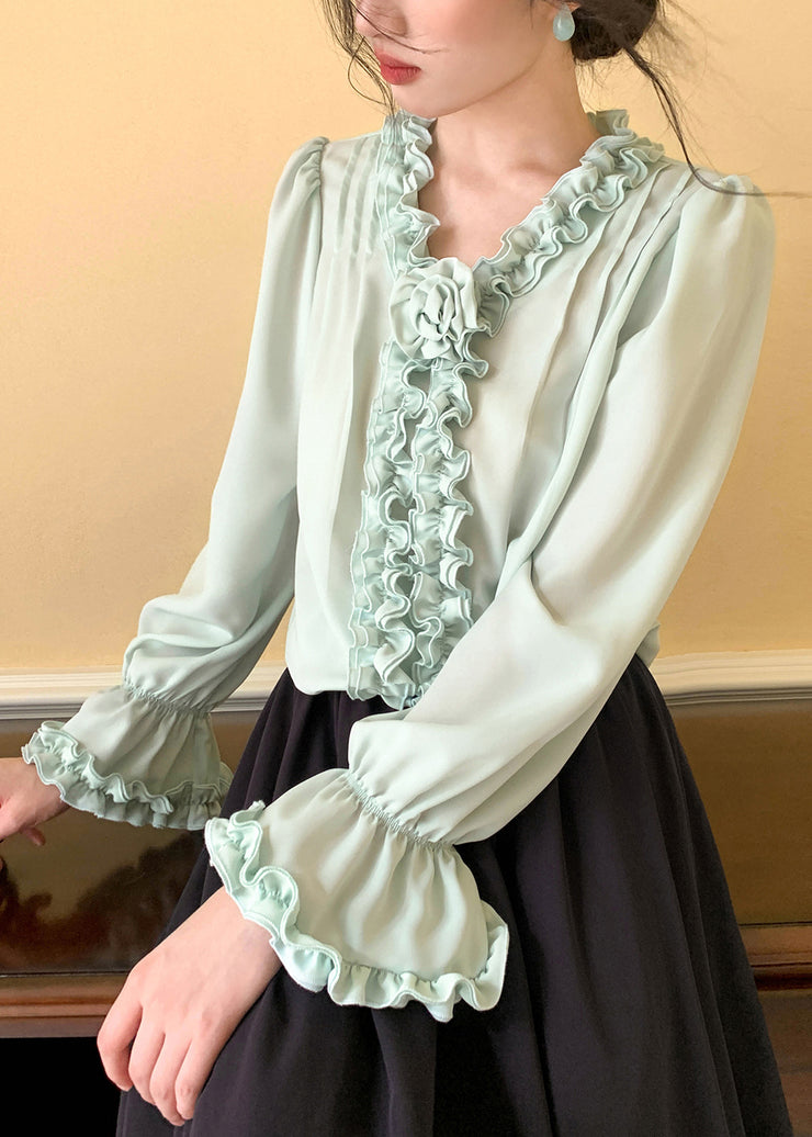 Mint Green Solid Chiffon Blouses V Neck Spring