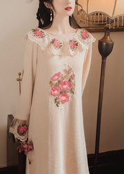 Modern Apricot Embroidered Floral Patchwork Tulle Knit Long Sweater Spring