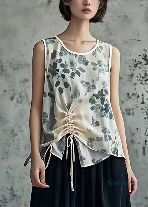 Modern Apricot O-Neck Print Drawstring Vest Summer