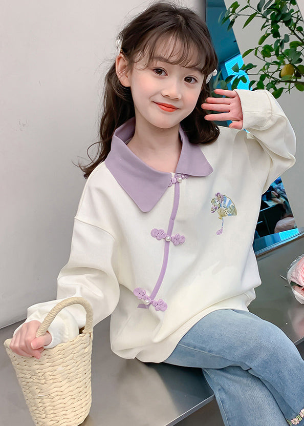 Modern Apricot Peter Pan Collar Embroideried Girls Sweatshirts Long Sleeve