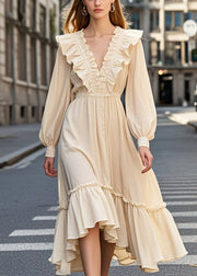 Modern Apricot Ruffles Silm Fit Cotton Long Dress Spring