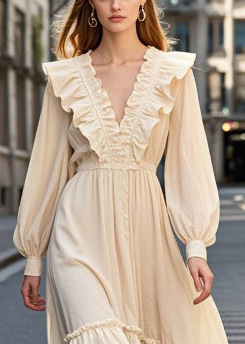 Modern Apricot Ruffles Silm Fit Cotton Long Dress Fall