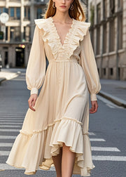 Modern Apricot Ruffles Silm Fit Cotton Long Dress Spring