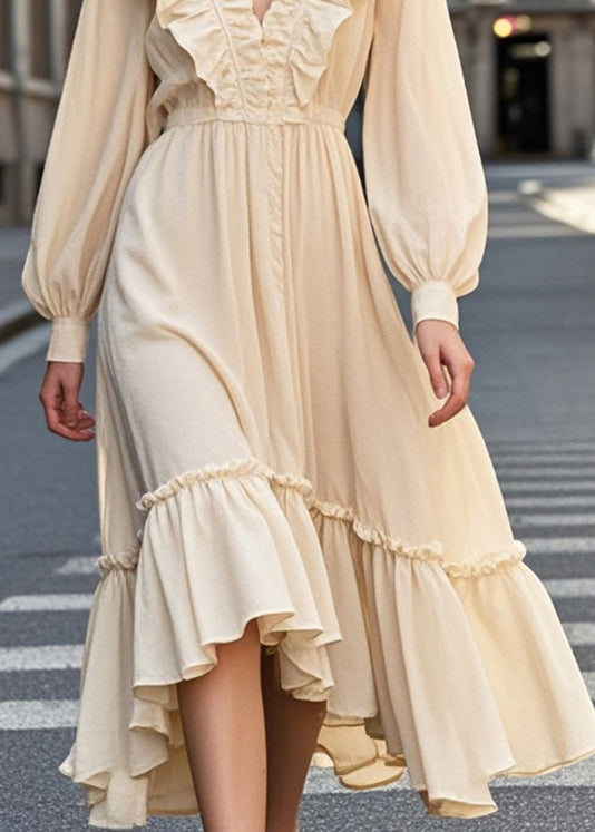 Modern Apricot Ruffles Silm Fit Cotton Long Dress Spring