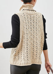 Modern Apricot Turtle Neck Hollow Out Knit Vests Spring