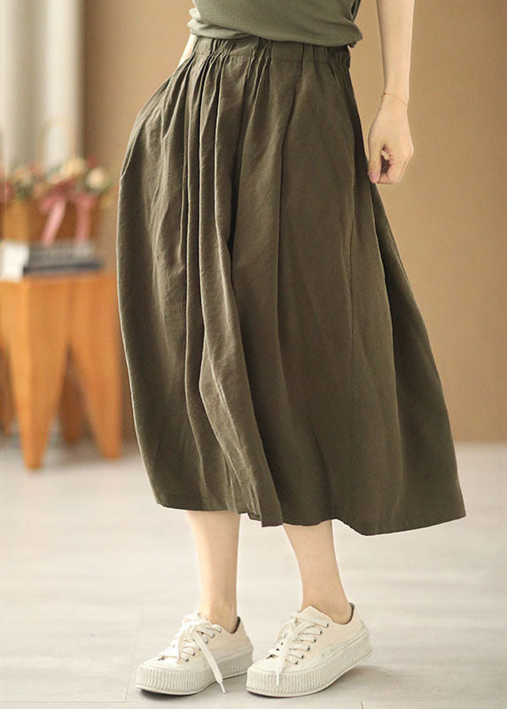 Modern Army Green Elastic Waist Wrinkled Pockets Cotton Skirt Summer