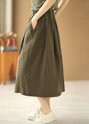 Modern Army Green Elastic Waist Wrinkled Pockets Cotton Skirt Summer