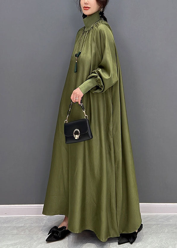 Modern Army Green High Neck Oversized Solid Color Silk Dress Fall