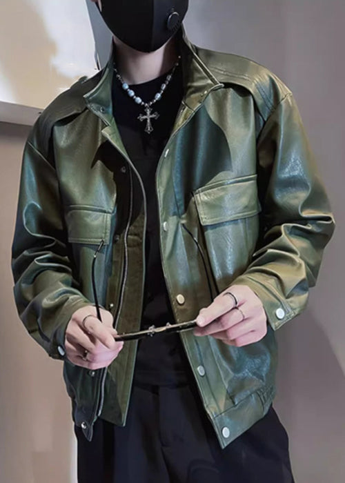 Modern Army Green Stand Collar Pockets Faux Leather Men Coats Spring