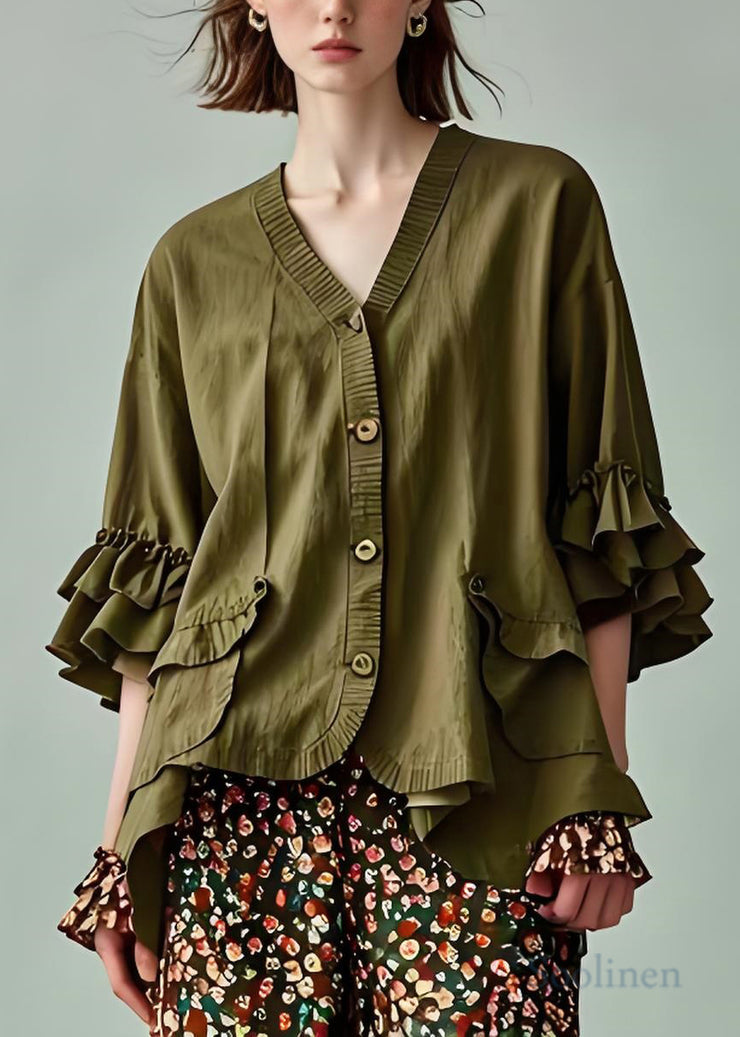 Modern Army Green V Neck Button Patchwork Cotton Coats Petal Sleeve