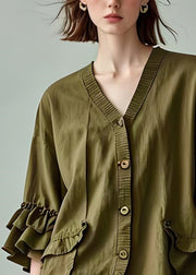 Modern Army Green V Neck Button Patchwork Cotton Coats Petal Sleeve