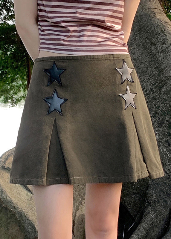 Modern Army Green Zippered High Waist Patchwork Denim Skirts Fall