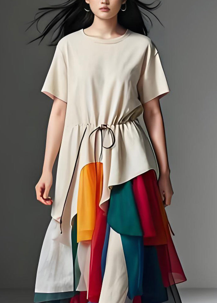 Modern Asymmetrical Drawstring Patchwork Cotton Dress Summer