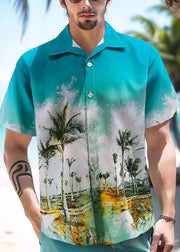 Modern Baby Blue Peter Pan Collar Print Cotton Men Hawaiian Shirts Summer