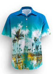 Modern Baby Blue Peter Pan Collar Print Cotton Men Hawaiian Shirts Summer