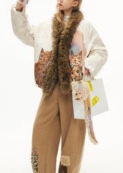 Modern Beige Fur Collar Patchwork Duck Down Puffer Jacket Winter