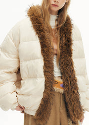 Modern Beige Fur Collar Patchwork Duck Down Puffer Jacket Winter