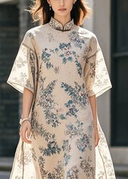 Modern Beige Mandarin Collar Print Cotton Long Dress Summer