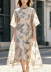 Modern Beige Mandarin Collar Print Cotton Long Dress Summer